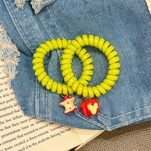 Fashion Telephone Cord Hair Tie Apple Heart Pendant Spiral Hair Ring Non-Damaging Elastic Hair Band For Women Daily Hair Accessory