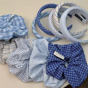 Blue gingham and striped fabric hairband set with scrunchies for high cranial top look