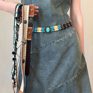 Bohemian Ethnic Style Handmade Woven Waist Chain For Women Vintage Resin Turquoise Beaded Decorative Belt Western Bull Head Accessory
