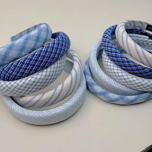 Blue plaid and striped sponge padded headbands set for high-crown hairstyling