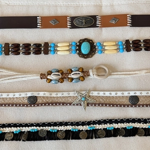 Bohemian ethnic belts set with turquoise beads, shells and vintage western style buckles
