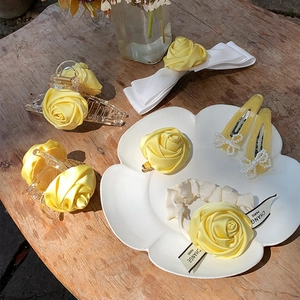 Elegant 7-piece set of handmade yellow rose hair clips and accessories in French style