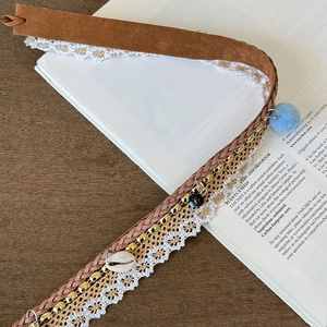 Bohemian braided belt with brown suede, white lace details, shells, and wooden beads