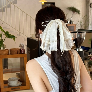Elegant cream mesh bow hair claw with pearls and multi-layer fabric for women