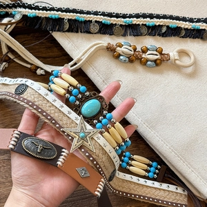 Bohemian handmade woven belts with tassels, turquoise, and metallic ethnic design details