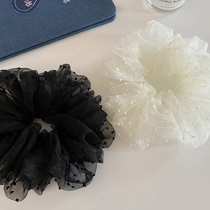 Elegant large organza hair scrunchies in black and white with 3D polka dot texture