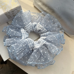 Damen Koreanischer Stil Hellblau Spitze Punktmuster Haargummi Doppelschichtig Gingham Haarschmuck Ballett Rüschen Handgefertigt