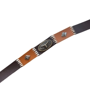 Vintage bohemian waist belt with western steer skull motif and leather stitching