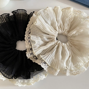 French Elegant Lace Chiffon Scrunchies For Women Large Pleated Hair Tie Elastic Hair Band Romantic Floral Hair Accessories