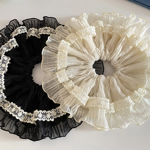 Elegant French style lace scrunchies in black and beige chiffon pleated fabric