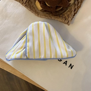Minimalist yellow striped fabric insulated kitchen gloves with light blue piping accents
