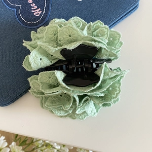 Gros plan sur la pince à cheveux rose en dentelle vert clair brodée de fleurs