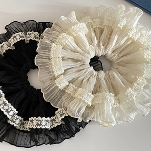 Elegant French lace scrunchies in black and beige with pleated chiffon and floral trim