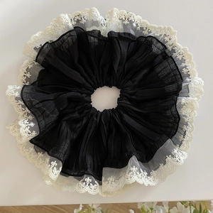 Elegant French style large black pleated scrunchie with delicate white lace edges