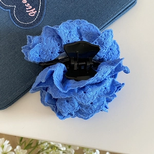 Détail d'une pince à cheveux rose en dentelle bleue avec des broderies florales raffinées