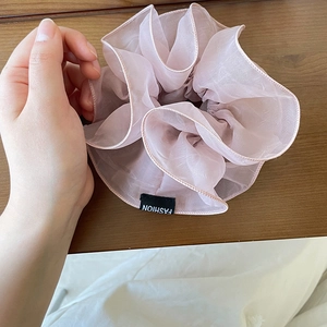 French style double-layered pleated pink mesh hair scrunchie with fashion label