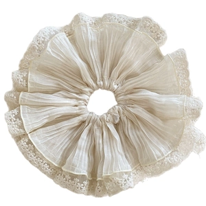 Elegant French style beige lace and pleated chiffon hair scrunchie for women