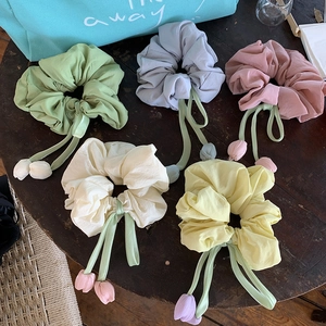 Sweet Tulip Scrunchies For Women Floral Hair Tie With Cloth Flower Pendant Korean Style Elastic Hair Band Ponytail Holder