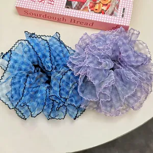 Lace Scrunchie Balletcore Plaid Mesh Large Hair Tie Sweet Ruffle Flower Edge Elegant Ponytail Holder Women Daily Accessories