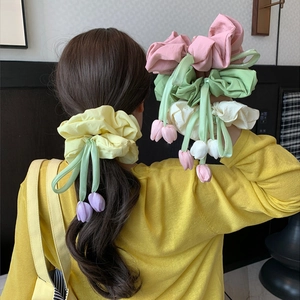Colorful tulip scrunchies with floral charms for sweet girls ponytail hairstyles
