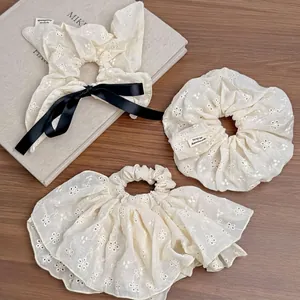 Elastico per Capelli Vintage Francese Bianco Traforato Ricamato Stile Mori in Cotone Pizzo Con Fiocco in Raso