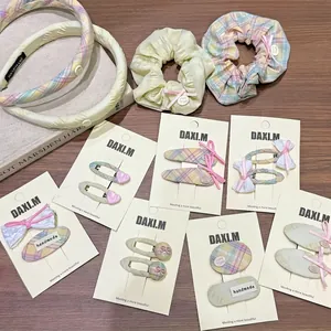 Accessoires Cheveux à Carreaux Style Coréen Nœud Doux Cœur Barrettes en Tissu Chouchous Violet Jaune Mode Fait Main