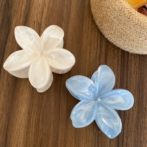 Elegant cream and blue acetate plumeria hair claws on a warm wooden background