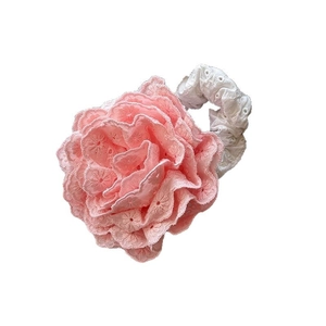 Pink floral oversized scrunchie with delicate embroidery and white elastic band