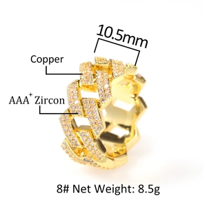 Bague cubaine hip hop en cuivre doré sertie de zircons cubiques AAA étincelants