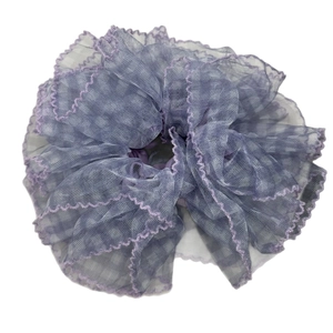 Oversized lavender mesh scrunchie with lace trim and purple zigzag pleated edges
