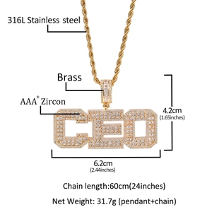 Hip hop CEO letter pendant necklace with AAA cubic zirconia in gold finish and rope chain