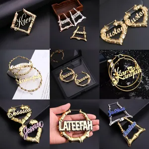 Créoles personnalisées texture bambou avec plaque nominative en diverses formes géométriques
