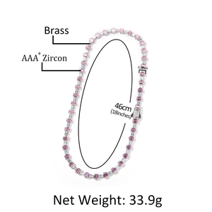Hip hop tennis chain necklace with pink and clear square zircon stones in brass