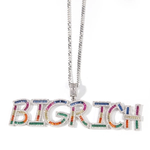 Collier hip hop avec pendentif BIG RICH, zircons arc-en-ciel et chaîne argentée chic