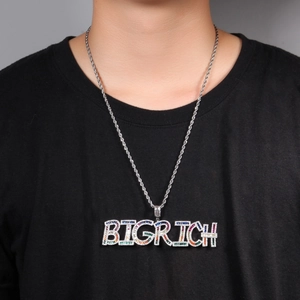Pendentif lettres BIG RICH en zircon arc-en-ciel hip hop avec chaîne torsadée mode