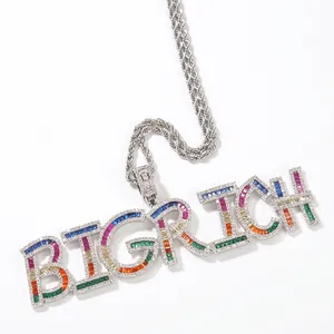 Collier Pendentif Alphabet Hip Hop en Cuivre Zirconia Arc-en-Ciel Iced Out Multicolore Pierre Baguette Collier Lettre Bijoux Unisexe