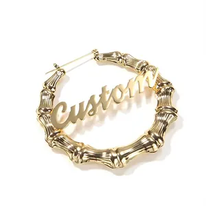 Boucles d'oreilles créoles en acier inoxydable et fer design bambou avec motif lettres hip hop or or rose bijoux pour femmes fête
