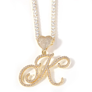Hip hop iced out gold letter K pendant with heart clasp and tennis chain necklace