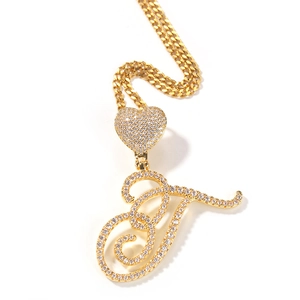 Gold hip-hop necklace with iced out heart clasp and cursive letter J pendant jewelry