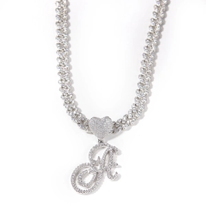 Silver iced out Cuban link necklace with heart clasp and cursive A letter pendant