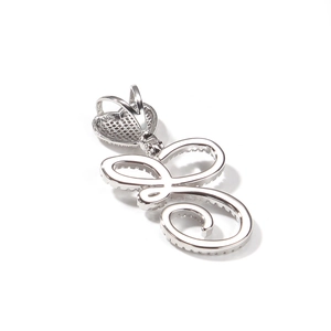 Detailed macro view of the silver zircon L-letter pendant with heart bail and honeycomb back
