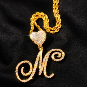 Hip Hop Iced Out Initial Letter Pendant Necklace For Men Women Copper Zirconia Heart Clasp Gold Silver Rope Chain Jewelry