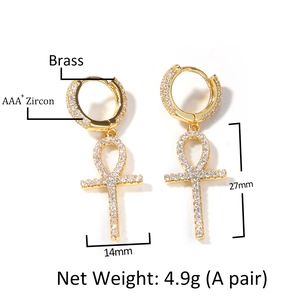 Boucles d'oreilles Croix d'Ankh en laiton doré avec pierres zircone AAA, 14x27mm