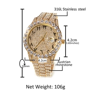 Luxury gold quartz watch with full Austrian rhinestones and Arabic numerals 316L steel
