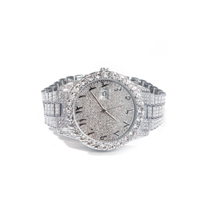 Detail view of silver iced-out quartz watch with Arabic numerals and date window