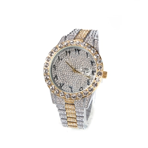 Luxury iced out watch with Arabic numerals and gold silver two tone stainless steel band