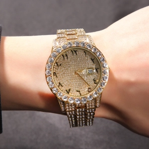 Classic gold quartz watch with full iced-out crystals and date display window for adults