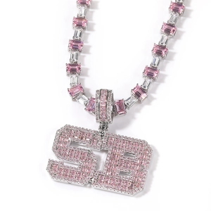 Hip hop style number 58 pendant necklace with pink and clear square cubic zirconia stones
