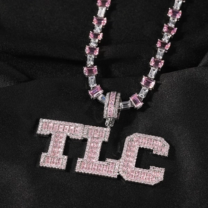 Hip hop TLC letter pendant necklace with pink zircons and silver tennis chain design