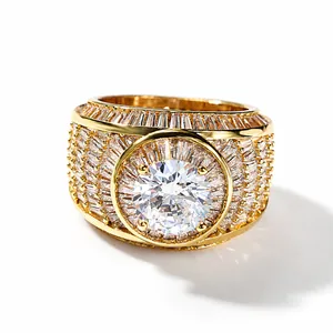 Lussuoso Anello Hip Hop Iced Out in Rame con Zirconia per Uomo Donna Bling Geometrico Tondo Pietra Grande Gioielli